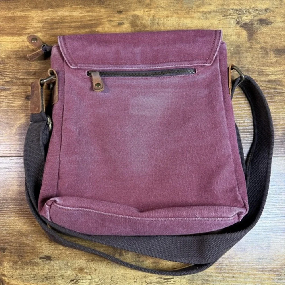 Vaschy Canvas Leather Trim Burgundy Messenger Crossbody Bag Unisex‎ Small